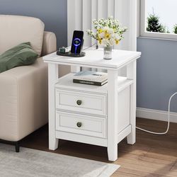 White Nightstand with Charge Station,Sofa End Table with 2 Drawers & Storage Shelf,Bed Side Table with USB Ports & Outlets for Bedroom，Home Office 