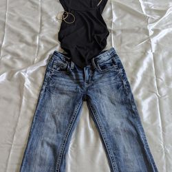 Teenage Summer Outfit with Miss Me Jeans, Shirts, and Gold colored Hoops