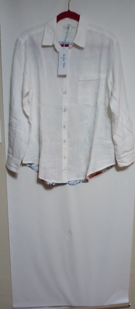NWT Kyla Seo White Linen and Polysilk Floral Bohemian Top Shirt Tunic Oversized Small