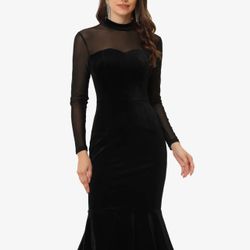 Allegra K Women's Bodycon Elegant Velvet Sheer Mesh Mock Neck Midi Cocktail Dress