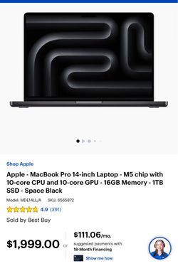 Apple - MacBook Pro 14-inch Laptop - M5 chip with 10-core CPU and 10-core GPU - 16GB Memory - 1TB SSD - Space Black