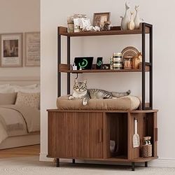 54 Inch Hidden Litter Box Furniture with Shelves and Outlets,Fluted Cat Litter Box Enclosure, Mid-Century Modern Wooden Cat House with Sliding Tambour