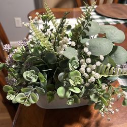 Artificial Eucalyptus and White Flower Arrangement in Rustic Metal Pot. Read Description 1st