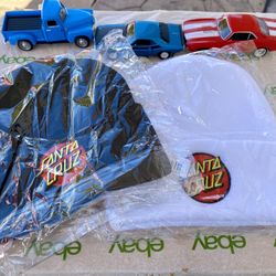 2 New Black And White Santa Cruz Skateboards Embroidered Dot Logo Beanies. 