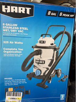 HART 8 Gallon Wet/Dry Vacuum, 6 Peak HP Motor, Stainless Steel Tank, Convertible to Blower, On-Board Storage, 17 ft Cleaning Reach