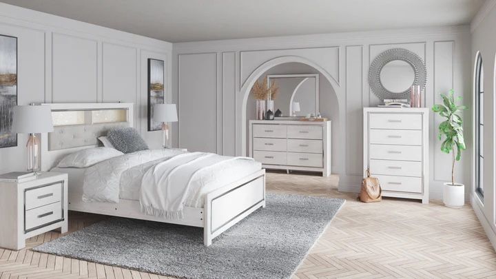 Altyra White LED Bookcase Upholstered Panel Bedroom Set ( Queen, king, twin, full bedroom set - bed frame- tall dresser, nightstand and chest, mattres