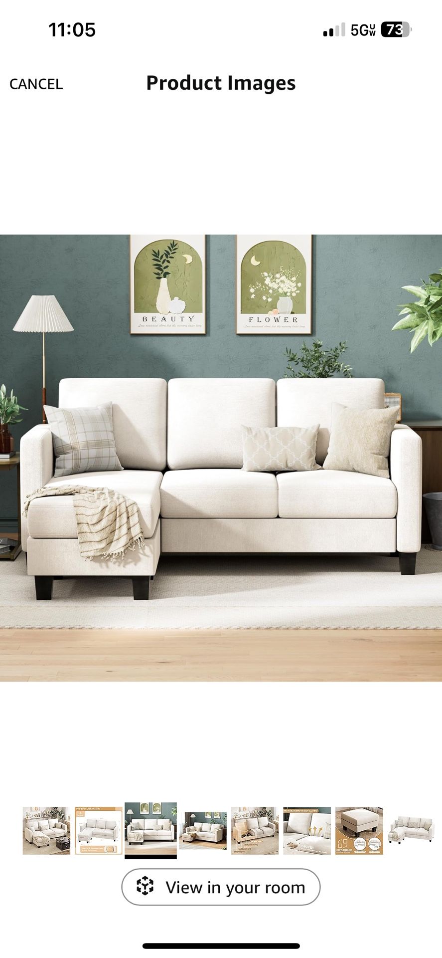 3 Seat L-Shaped Sofa with Linen Fabric Ottoman Small Couch for Small Apartments, Living Room and Office (Linen Fabric, white)