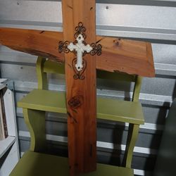 Large Wood Cross With Metal And Ceramic Accents