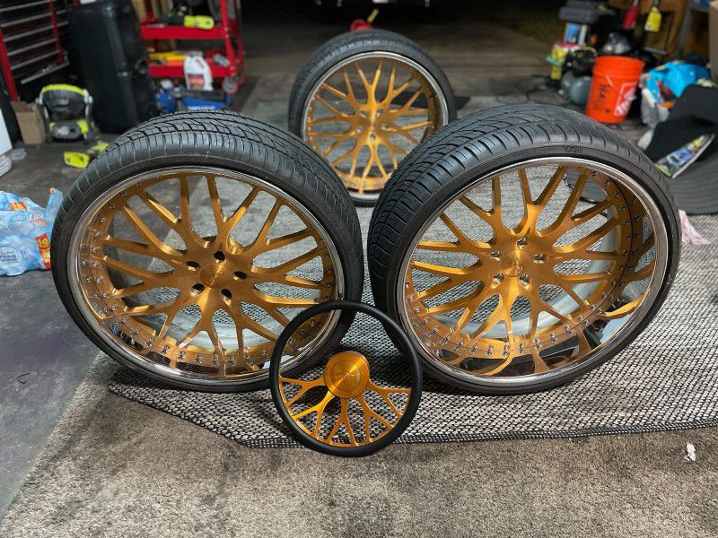 Gold Rims W/ Staggered Tires & Matching Steering Wheel