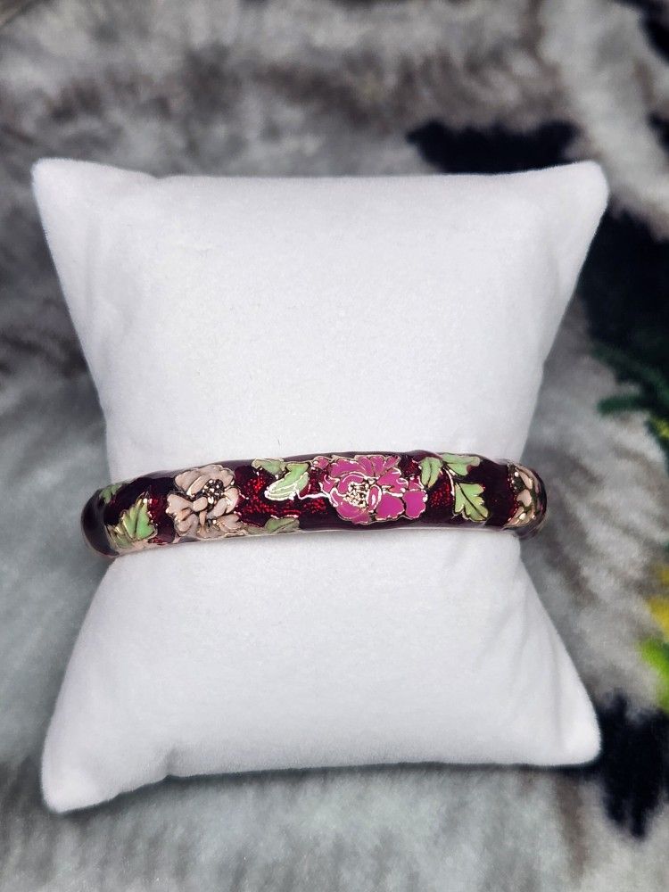 Peony Flowers, Dark Red Enamel Rose Gold Plated Alloy Bangle