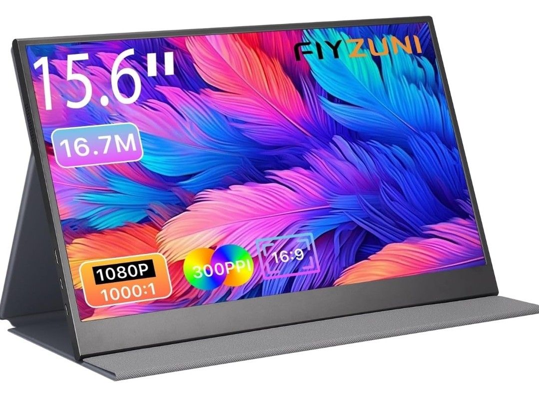 FLYZUNI 15.6" 1080P HDR Portable Monitor, USB-C HDMI Plug&Play, Laptop, PC, Mac, Phone, Xbox, Switch, IPS Ultra-Thin Zero Frame