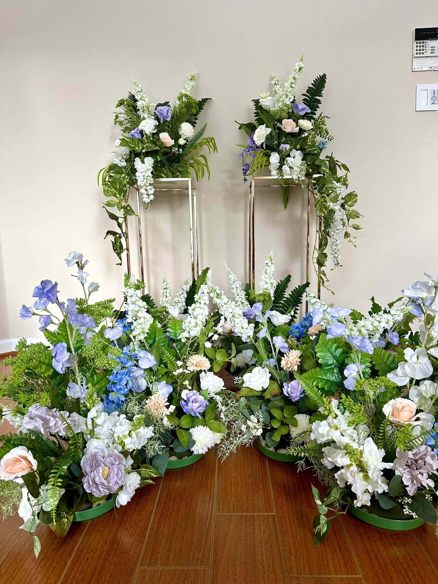 Wedding Ceremony Florals – 10 Lush Woodland Arrangements + 2 Rose-Gold Columns