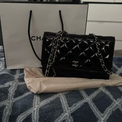   Chanel: Black Quilted Patent Classic Wallet On Chain
