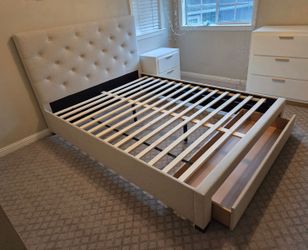 Beige linen queen platform bed