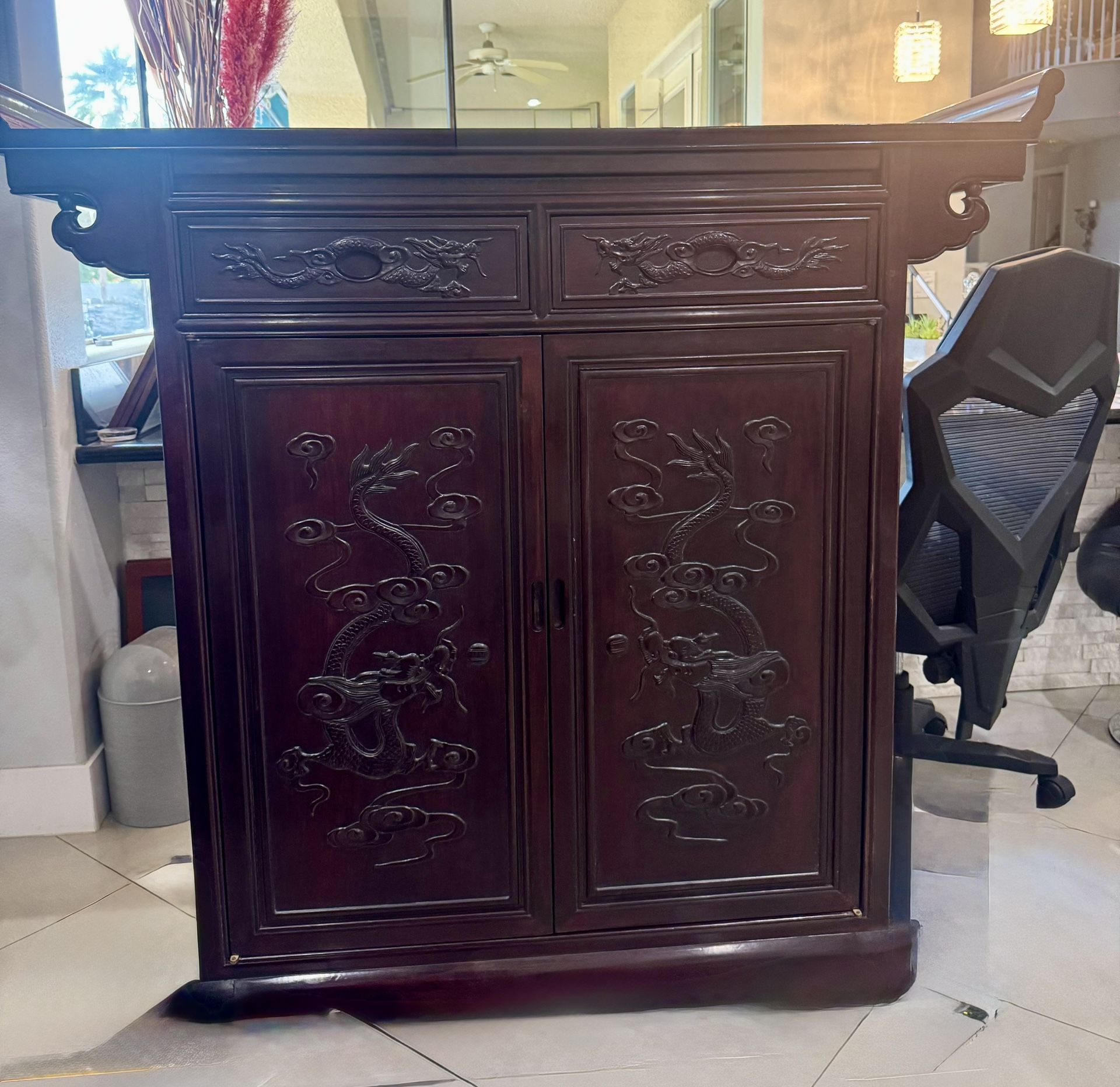Chinese Rosewood Dragon Console Altar Cabinet