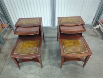 Pair of Vintage Mahogany End Tables with Leather Tops