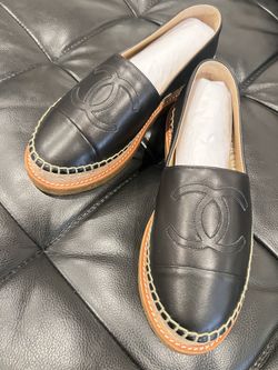 Brand new- Chanel Espadrille 37 Black Lambskin Leather Rubber Platform Flats