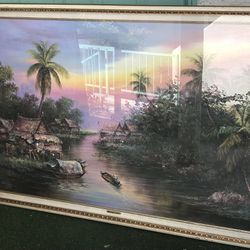 Beautiful Painting River Village Thailand Signed $350 