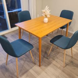 Brown Solid Wood Table and 4 Blue Fabric Chairs