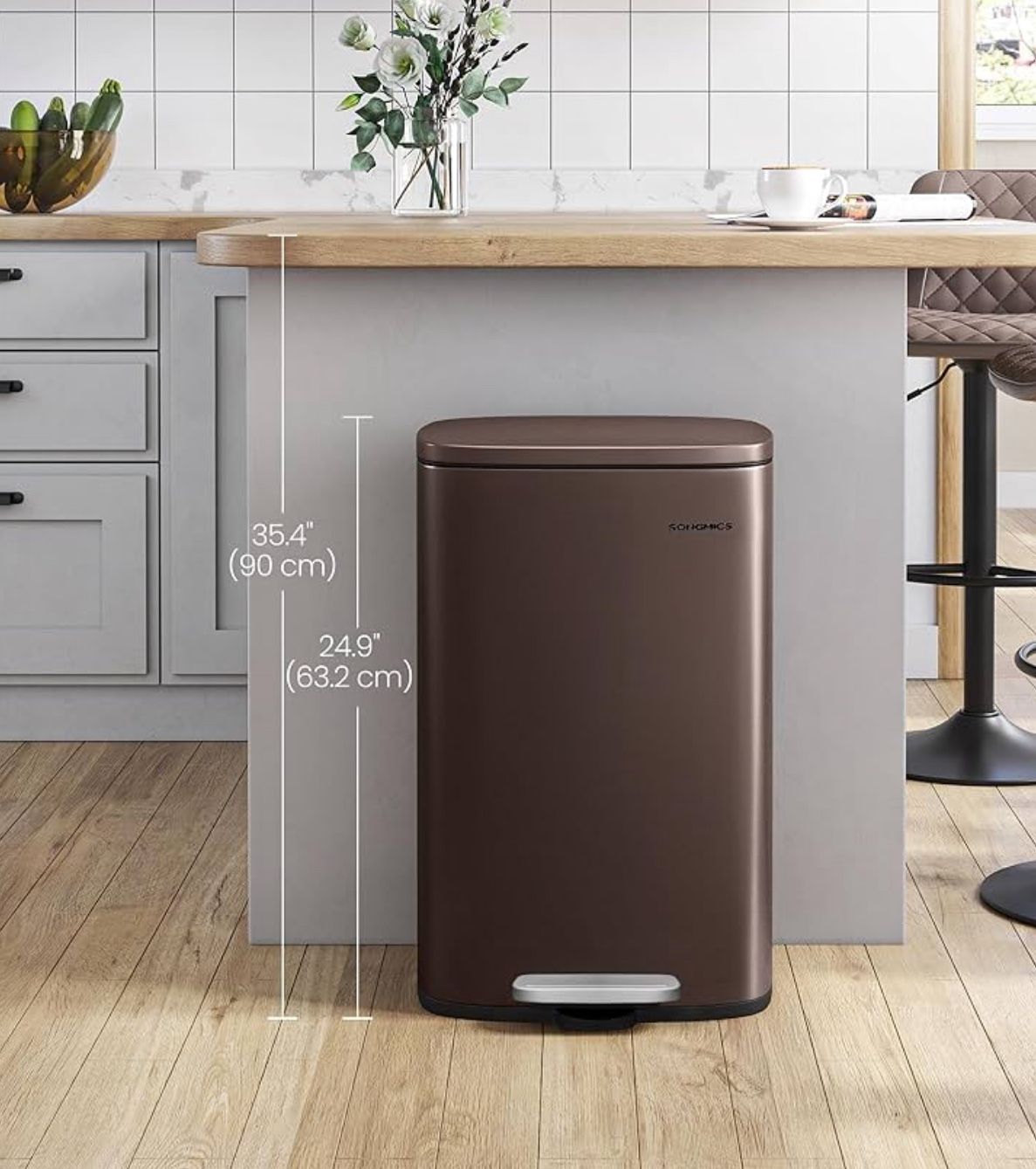 13 Gallon (50 L) Trash Can, Stainless Steel Kitchen Garbage Can, Recycling or Waste Bin, Soft Close, Step-On Pedal, Removable Inner Bucket, Brown ULTB