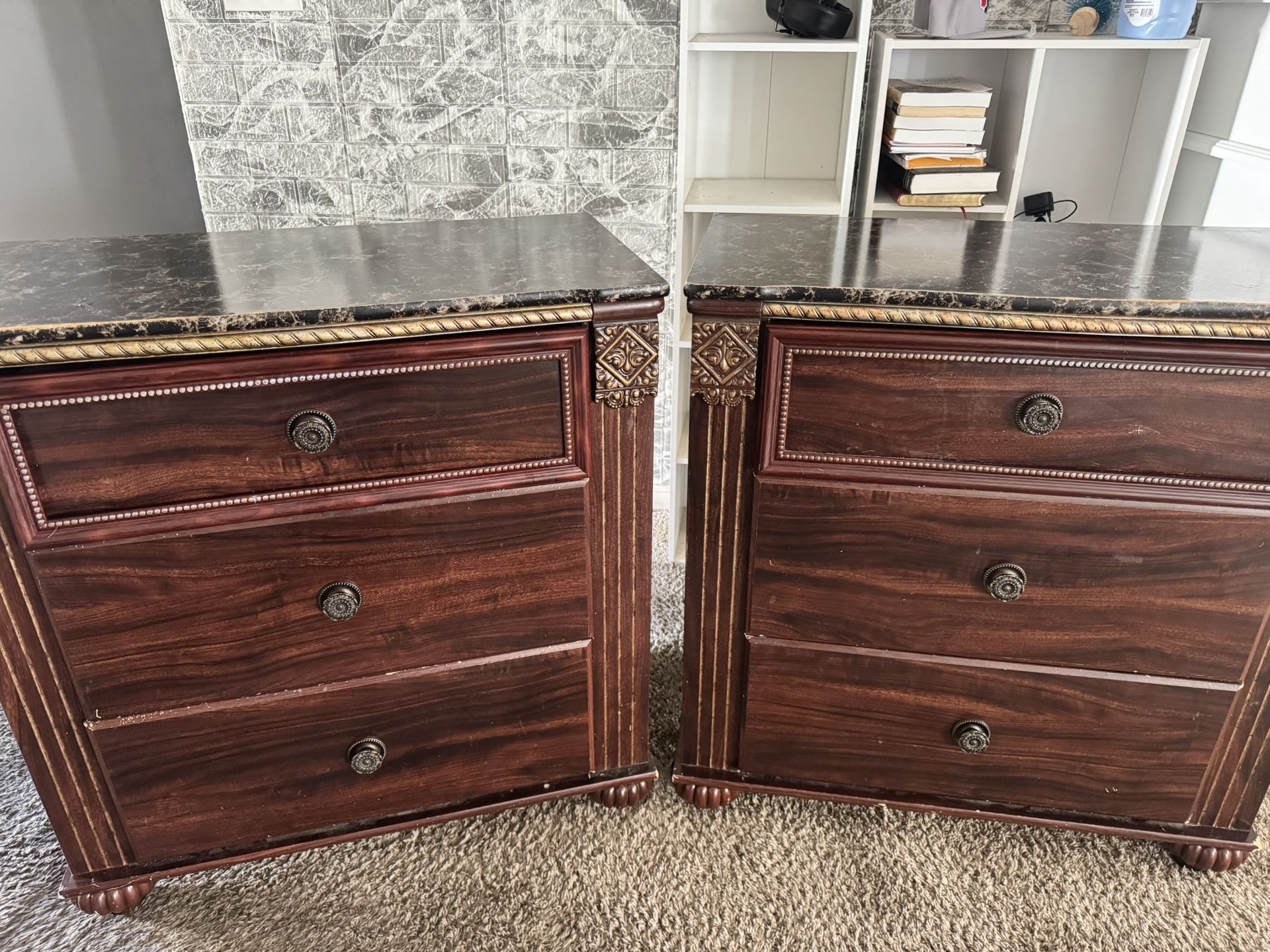 Elegant Oakwood Nightstands with Brown Marble Tops – Set of 2