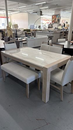 Marble Top Dining Table with Bench and Chairs