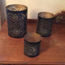 Set Of Three  Black Metel , Gold Inside Candle Holders  . 3 Glass Votive Holders . 