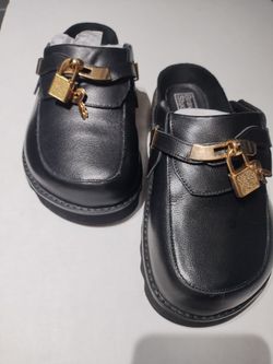 Black Leather Mules with Gold Padlock Detail size 5