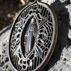 Antique Caged Miraculous Devotion Sterling Silver Holy Medal Catholic Religious Pendant