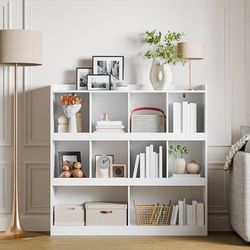 Bookshelf, 3-Tier Open Bookshelf, 10 Cube Horizontal Bookcase, Storage Organizer with Anti-Tilt Device, Floor Standing Wood Bookcase for Home Office,