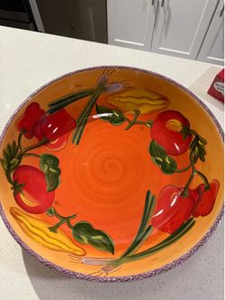 Les Jardins Hand Painted Stonelite Bowl with  3-part condiment server with tomato handle