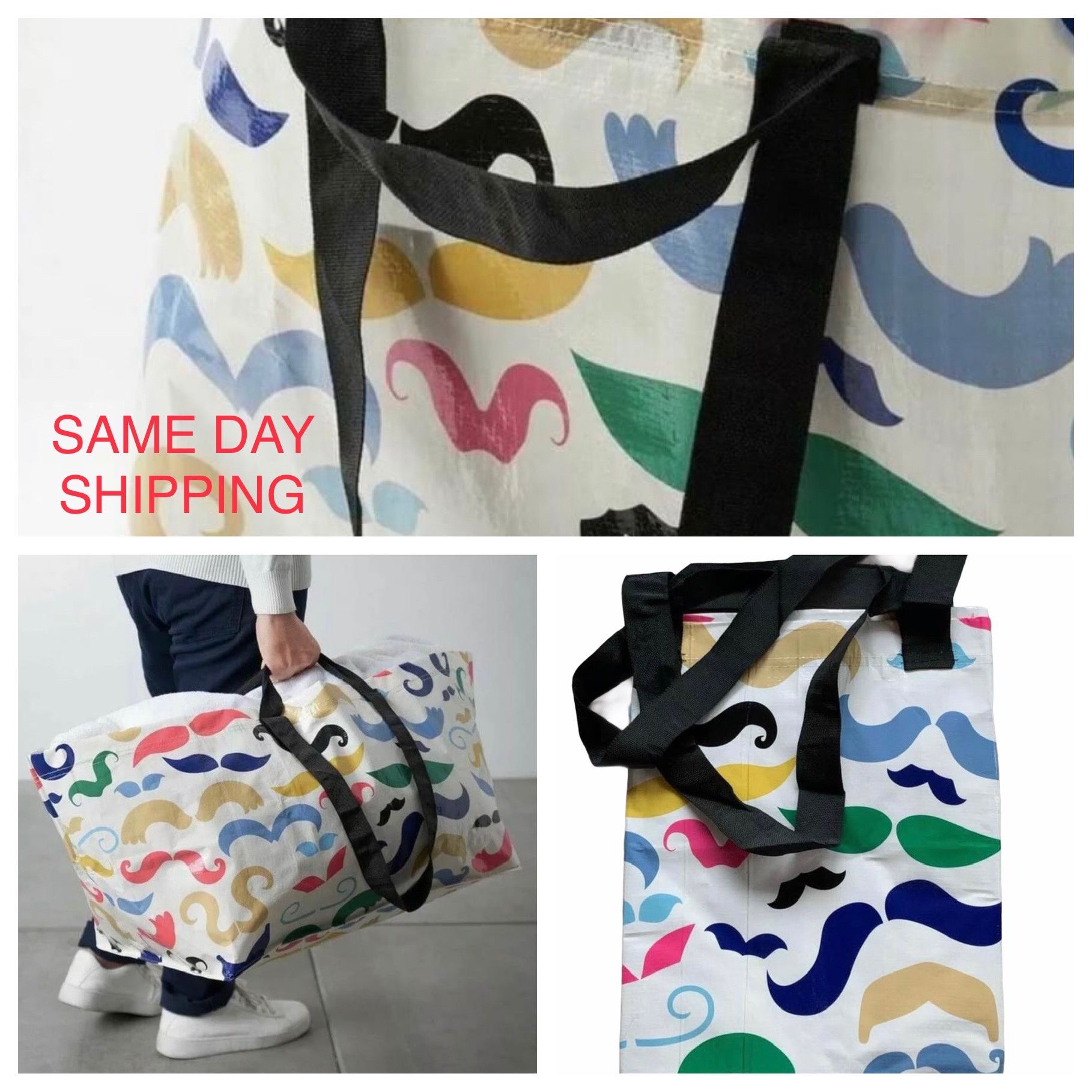 NEW IKEA Mustache Pattern BANGLIG FRAKTA Tote Bag Laundry Shopping Reusable *SAME DAY SHIP*