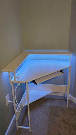 White Corner Desk with LED Lights and Keyboard Tray