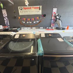 Samsung 6.2 Cu. Ft. Top Load Washer and Gas Dryer in Brushed Black and Rose Gold