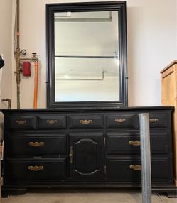 Black Wooden Dresser with Mirror – Solid & Functional