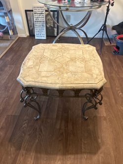 Solid Stone Top Coffee Table - Heavy Wrought Iron Scroll Legs