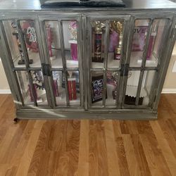 Grey Washed Glass Cabinet 4 Door With Shelving