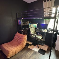 Twin Size Loft Bed And Office Combo Desk, Gaming Chair And Adult Bean Bag Chair