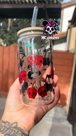 16oz Glass Cherry Skull Halloween Gift 