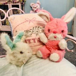 2 Vintage Plushies, Vintage Pink Bunny Rabbit Fur Bunny Rabbit, Stuffed Animal’s