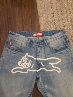 Billionaire Boys Club ICECREAM Running Dog Denim Jeans Light Wash White Outline Size 34