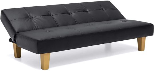 Wooden Frame Lounge Sofa Bed with Adjustable Back, Faux Leather, Black