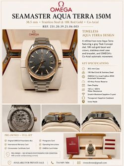 OMEGA Seamaster Aqua Terra 150M 38.5mm Co-Axial Auto Steel/RG Box Papers