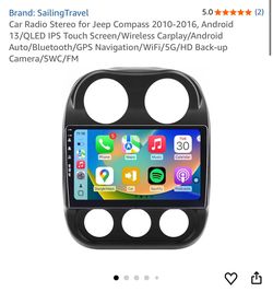 Car Radio Stereo for Jeep Compass 2010-2016, Android 13/QLED IPS Touch Screen/Wireless Carplay/Android Auto/Bluetooth/GPS Navigation/WiFi/5G/HD Back-u