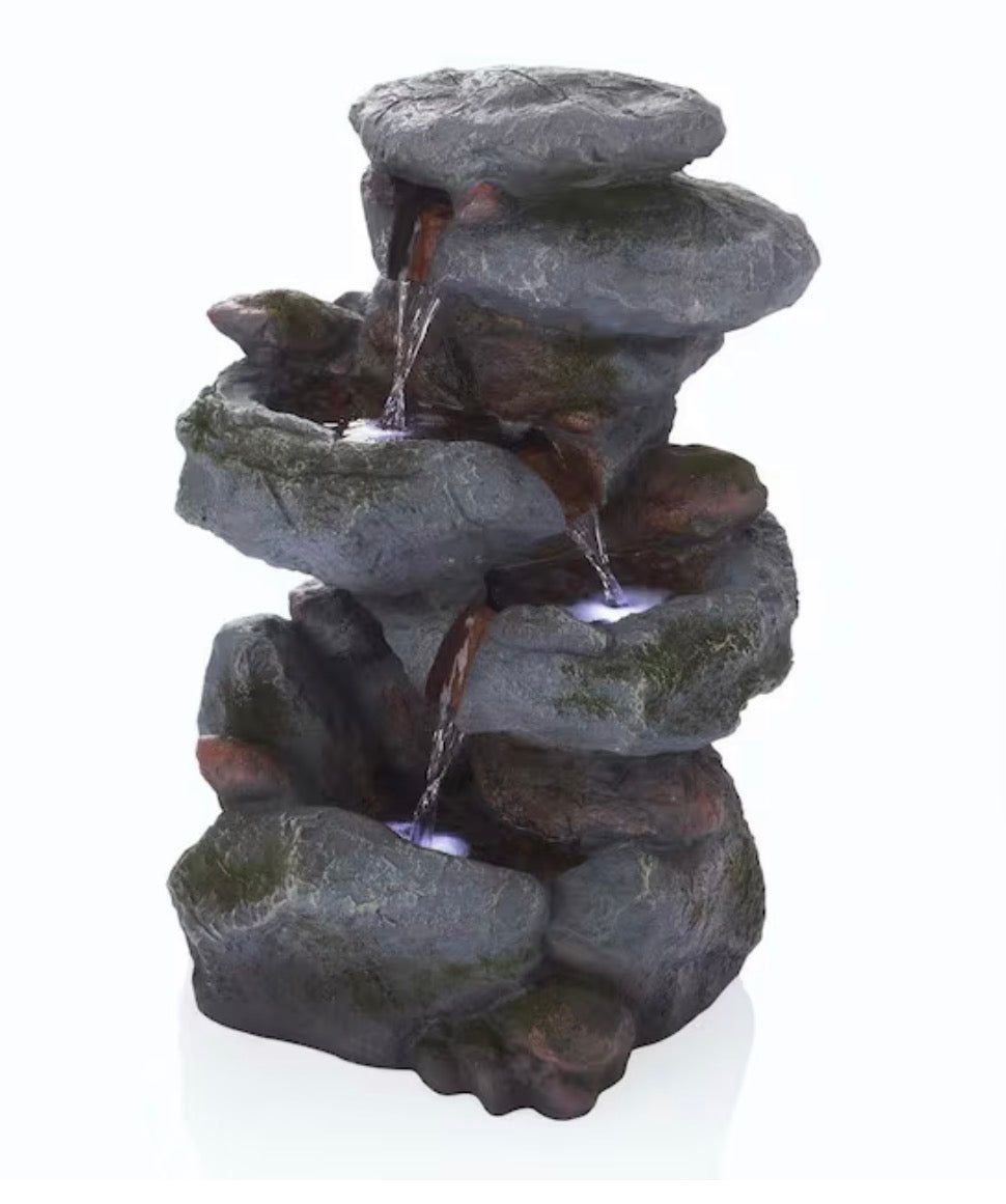 22 in. Tall Outdoor 3-Tier Rock Waterfall Floor Fountain with LED Lights