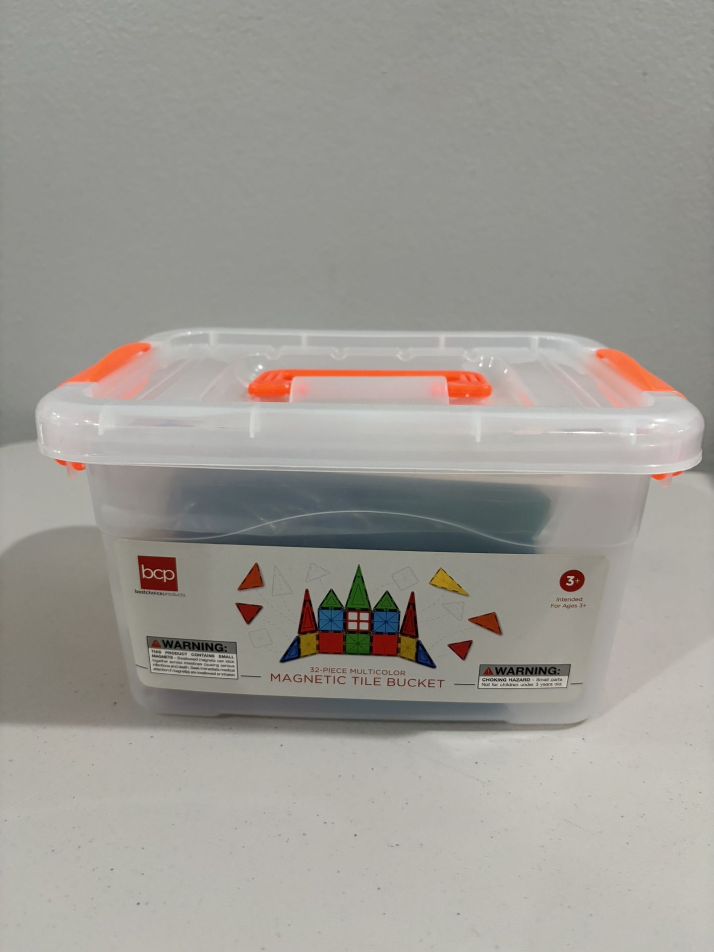 Brand new 32 piece multicolor magnetic tile bucket 