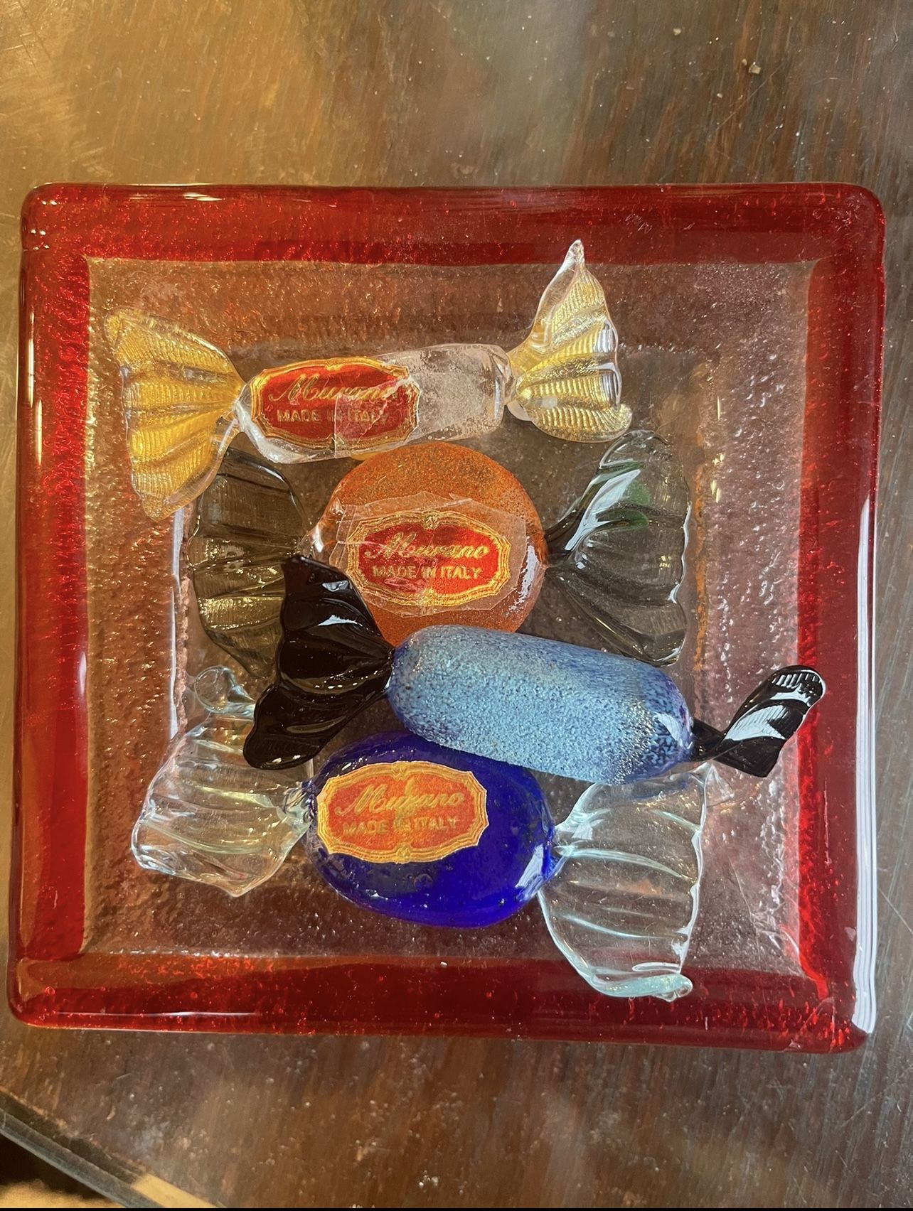 Vintage Murano Millefiori Red Square Glass Candy Dish With 4 Murano Twisted Glass Murano labeled Candy Pieces Excellent Condition