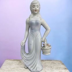 Vintage Porcelain Lady Figurine with Flower Basket, Elegant Woman in Blue Dress, Romantic Cottage Decor, Collectible Fig