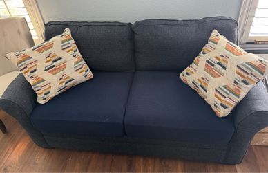 Dark Blue Fabric Loveseat with Throw Pillows