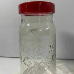 Maxwell House 1992 Olympics Sponsor Clear Glass Collectors Jar Red Lid 